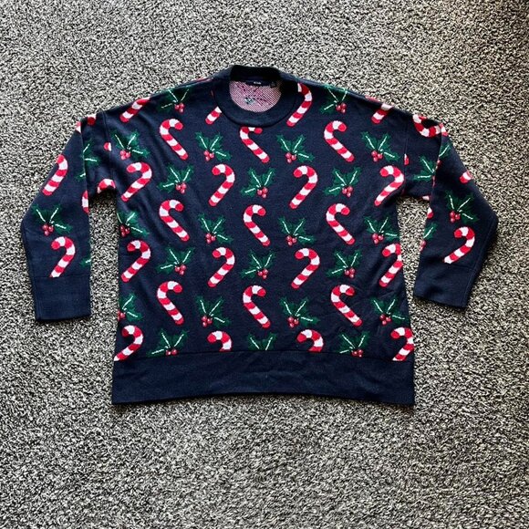 Kiabi Christmas Sweater Mens XL Navy Blue Christmas Candy Cane Festive Pullover - Picture 1 of 6